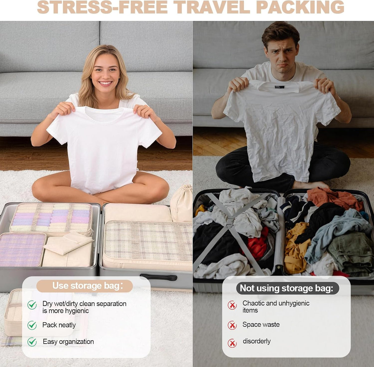 8 Set Packing Cubes for Travel,Suitcase Organizer Bags for Luggage with Shoe & Hanging Toiletry Bag, Vacation Essentials & Accessories for Cruise Ship, Airplane Must-Have,Road Trip & Camp Gifts(Cream)