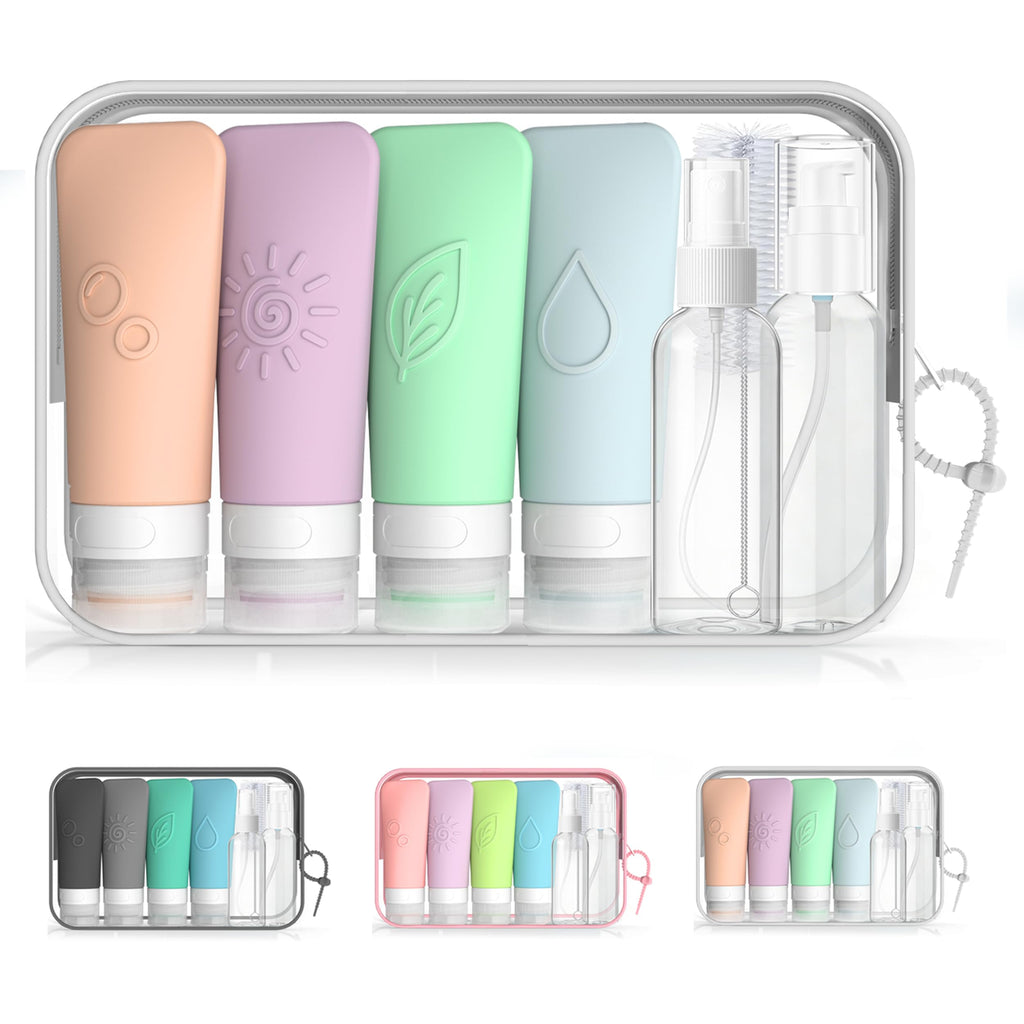 16-Piece Silicone Travel Bottles Set – TSA Approved Leakproof Toiletry Kit with Flat Easy-Squeeze Bottles, Pump & Spray, Waterproof Bag | 16-Piece Silicone Bottles Set,TSA Approved Leakproof,Easy-Squeeze Bottles,Come with Pump,Spray bottles and Waterproof