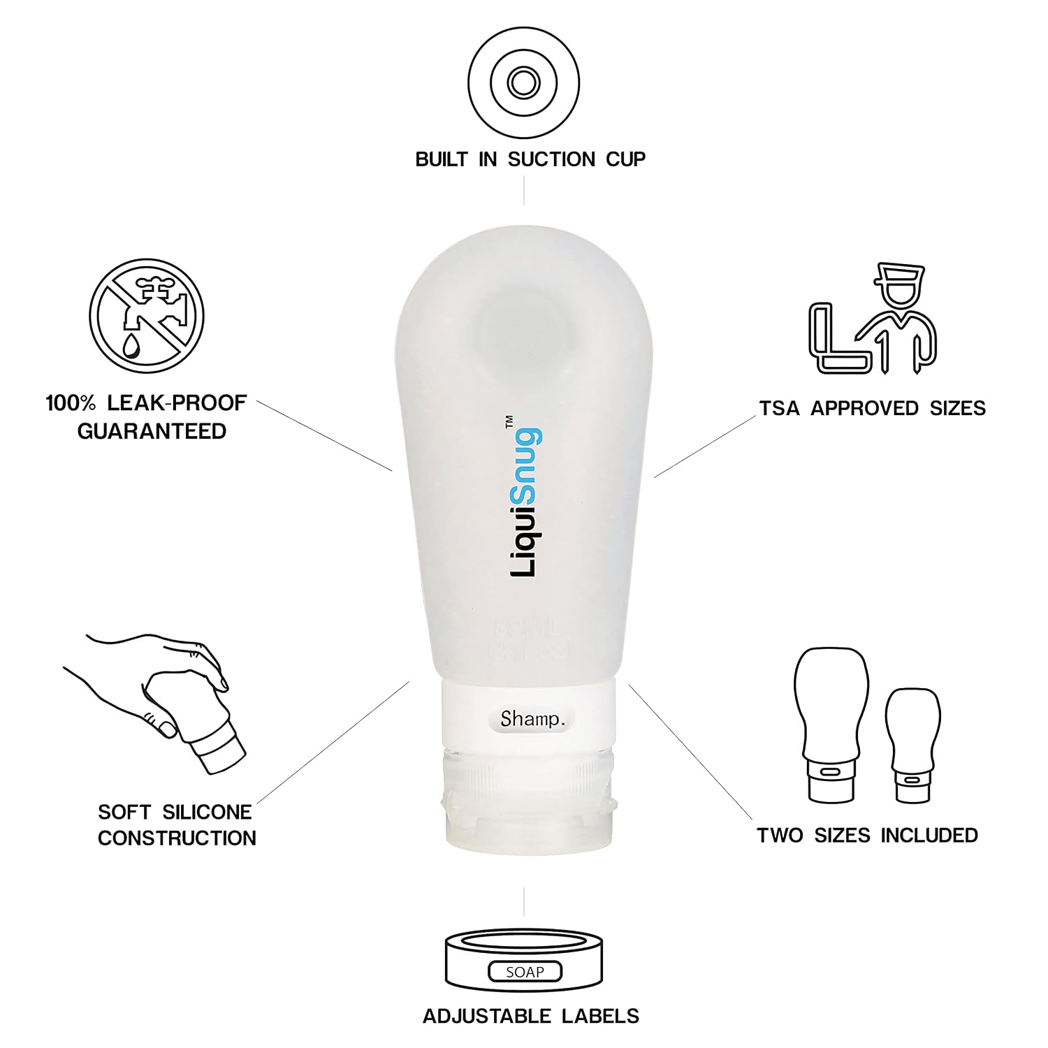 LiquiSnugs Premium - 100% Guaranteed Leak Proof Silicone Travel Bottles For Toiletries - TSA Approved Container. Premium Range Travel Shampoo Bottles with Suction Cups and Adjustable Labels