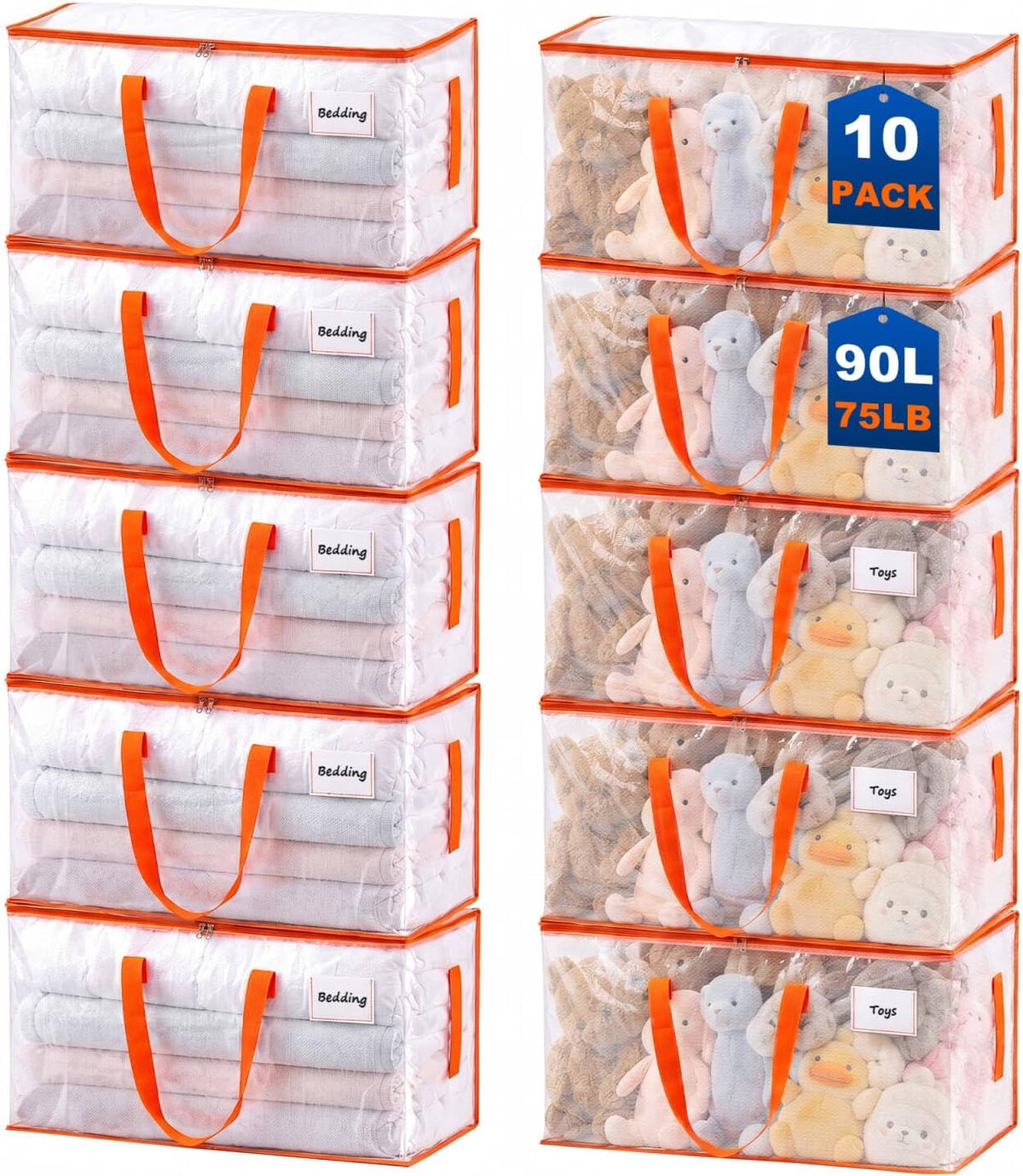 KYODOLED 10-Pack Clear Moving Bags Heavy Duty Extra Large, Storage Totes | Transparent, Reinforced Handles & Strong Zippers, Label Pocket, for College Dorm, Clothes, Bedding, Toys, Space-Saving