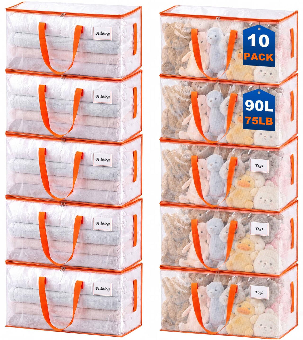 KYODOLED 10-Pack Clear Moving Bags Heavy Duty Extra Large, Storage Totes | Transparent, Reinforced Handles & Strong Zippers, Label Pocket, for College Dorm, Clothes, Bedding, Toys, Space-Saving