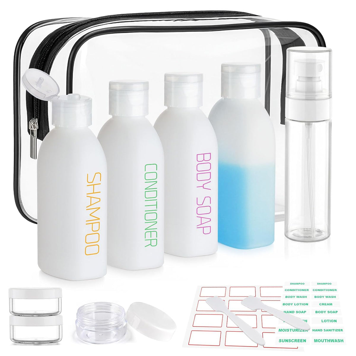 Cosywell Travel Bottles for Toiletries 9PCS 3.4oz White Shampoo Bottles | TSA Approved Travel Size Containers, 2oz Spary Bottle, Leakproof, 0.35oz Plastic Cream Jars, and a Toiletry Bag