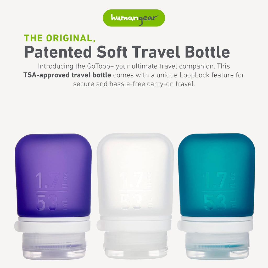 humangear GoToob+ 3-Pack, Small (1.7 fl oz), Clear/Purple/Teal | Refillable & Leak-Proof Silicone Travel Size Bottles with Locking Cap for Toiletries, Camping & TSA Carry-On