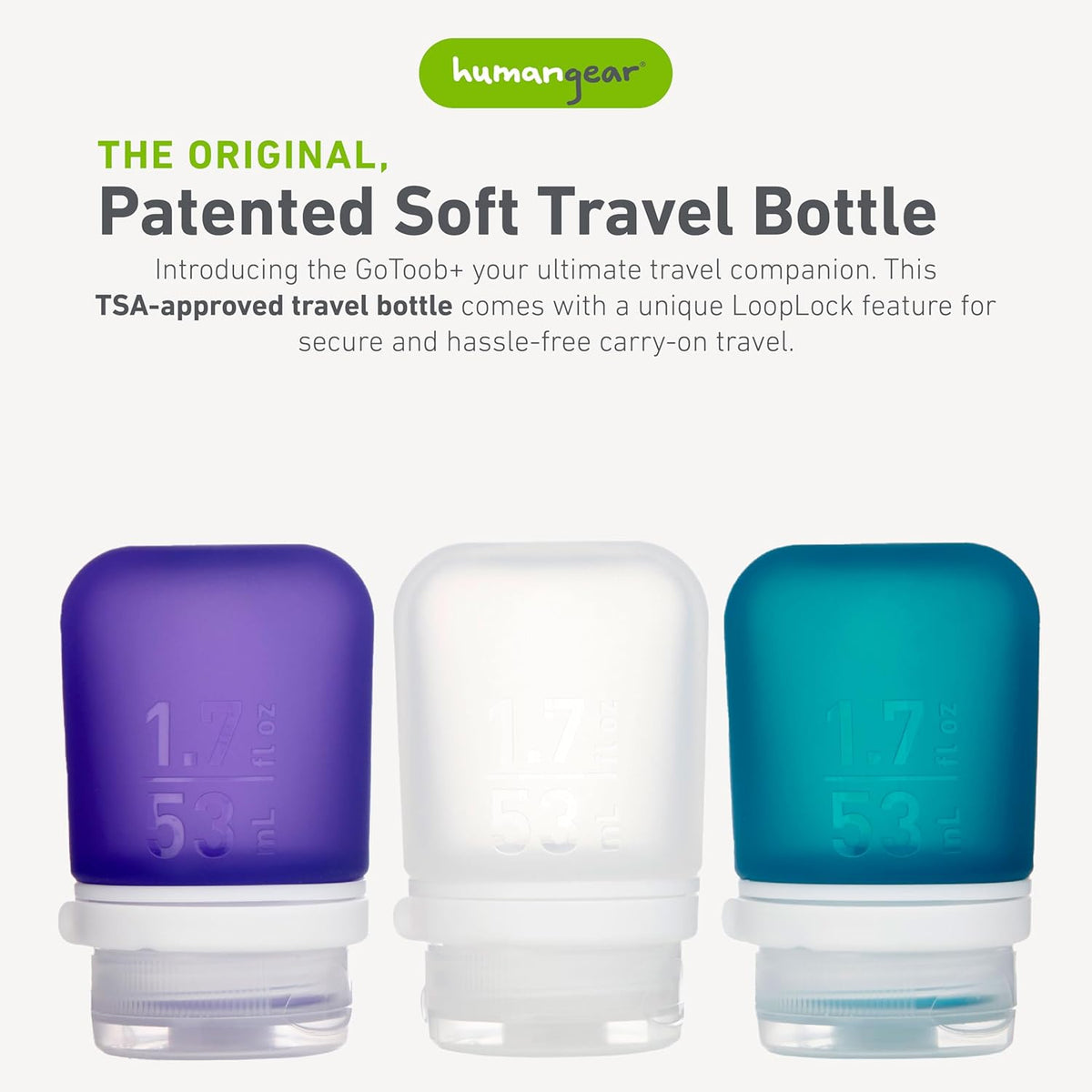 humangear GoToob+ 3-Pack, Small (1.7 fl oz), Clear/Purple/Teal | Refillable & Leak-Proof Silicone Travel Size Bottles with Locking Cap for Toiletries, Camping & TSA Carry-On
