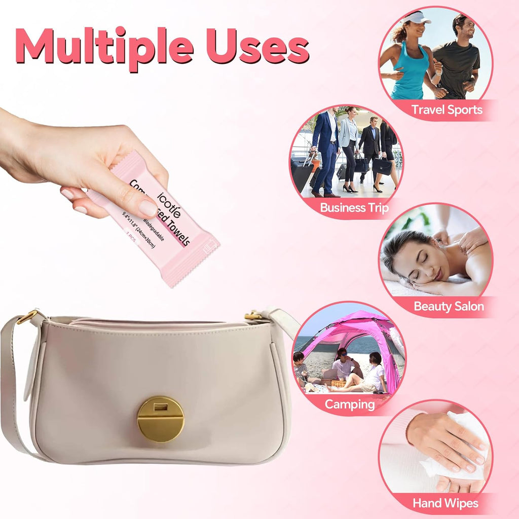 ICOTLE 50 Pcs Compressed Towels Disposable Cotton Coin Tissue Pack, Portable Face Cloths, Soft Thick Expandable Wash Towels for Travel, Home, Camping, Outdoor, Gym, Makeup Removal