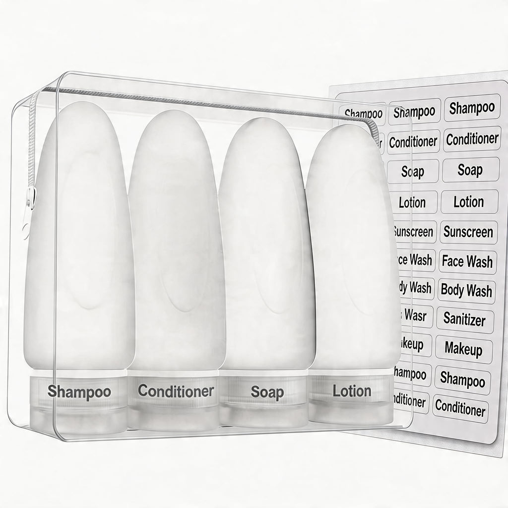 Dot&Dot Leak Proof Travel Bottles - Tubes for Liquid TSA Approved 3oz Silicone Toiletries Travel Shampoo & Conditioner Containers with Labels