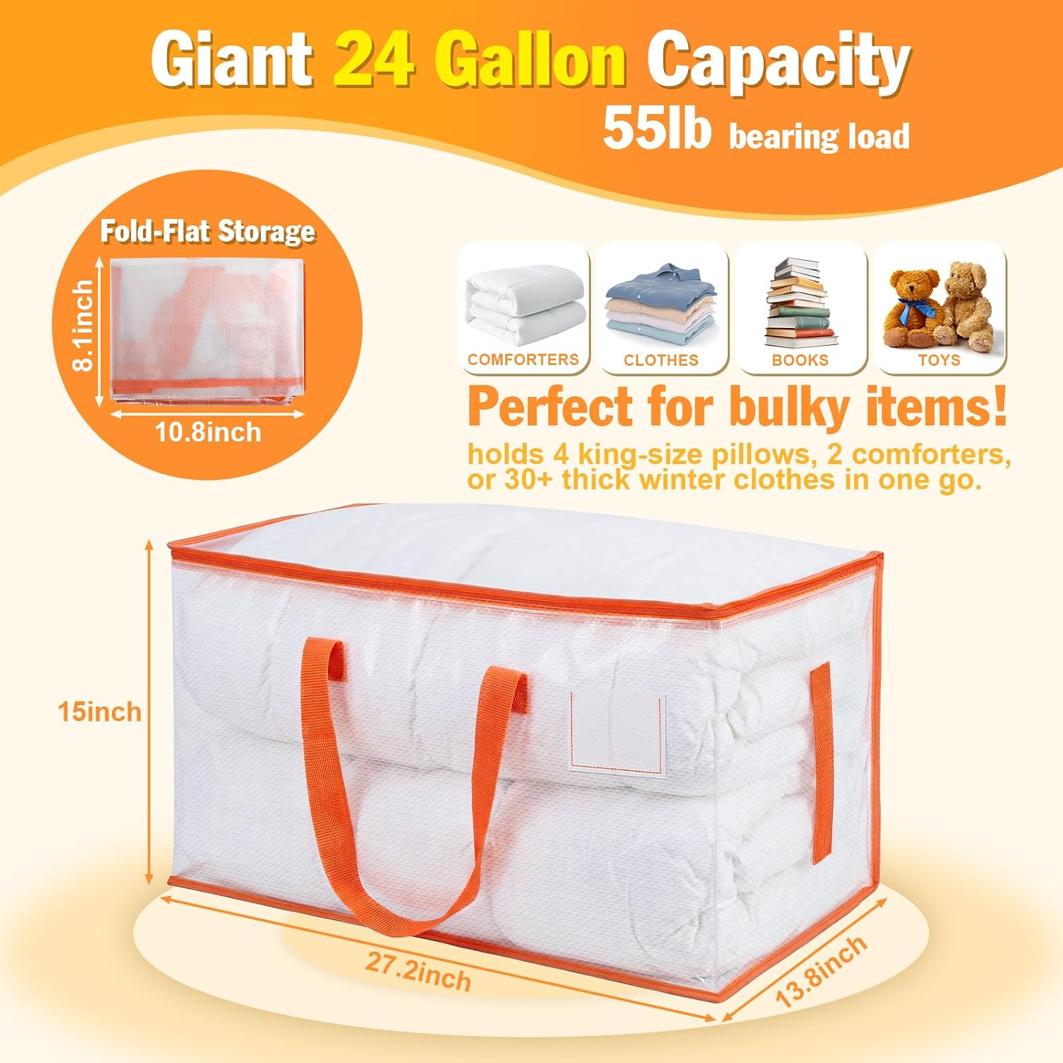 KYODOLED 10-Pack Clear Moving Bags Heavy Duty Extra Large, Storage Totes | Transparent, Reinforced Handles & Strong Zippers, Label Pocket, for College Dorm, Clothes, Bedding, Toys, Space-Saving
