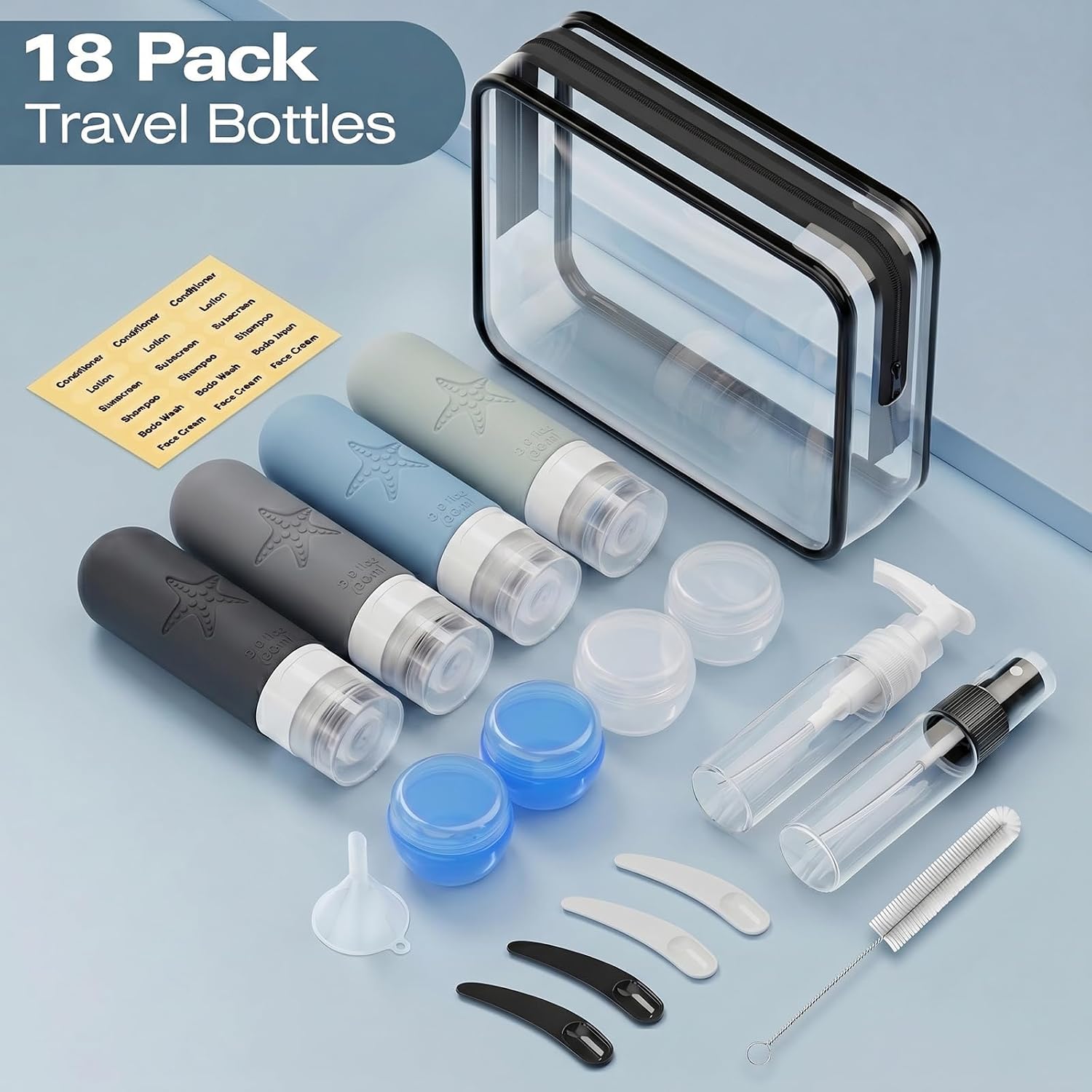 18 Pack Travel Bottles for Toiletries - TSA Approved, Triple Leak Proof Silicone Set, 3oz Refillable Travel Essentials Kit for Shampoo, Conditioner, Lotion & More, Gray, BPA Free