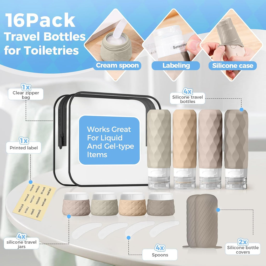 Silevoler 16Pack Travel Bottles for Toiletries, Bottles, Jars, and Covers | TSA Approved BPA Free Silicone Travel Size Containers Set, Leak Proof Refillable Liquids and Cream Essentials Kit(Cream)