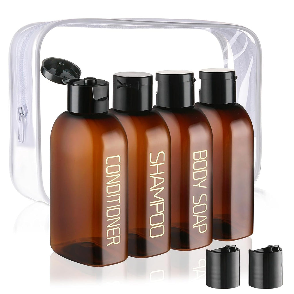 Cosywell 4 Pack 3.4 oz Preprinted Travel Bottles for Toiletries | Brown Bottles are Preprinted with SHAMPOO, CONDITIONER and BODY SOAP, One is Blank, Includes Flip Caps and a Toiletry Bag