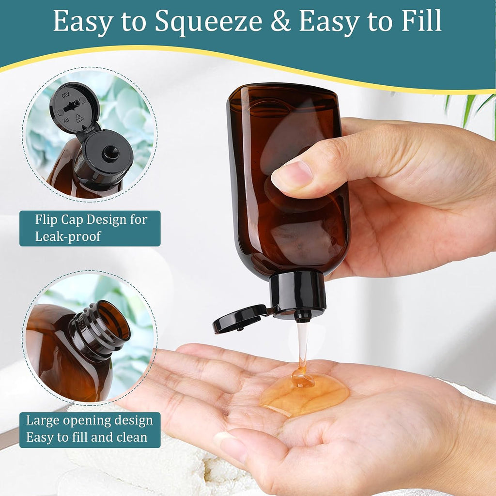 Cosywell 4 Pack 3.4 oz Preprinted Travel Bottles for Toiletries | Brown Bottles are Preprinted with SHAMPOO, CONDITIONER and BODY SOAP, One is Blank, Includes Flip Caps and a Toiletry Bag