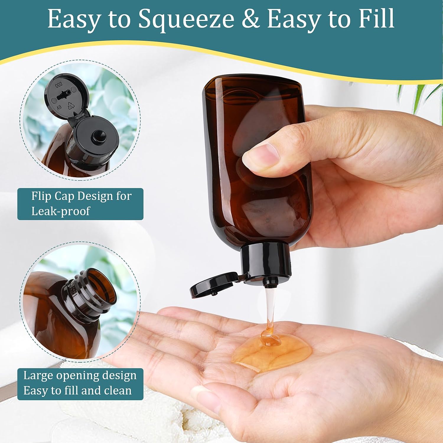 Cosywell 4 Pack 3.4 oz Preprinted Travel Bottles for Toiletries | Brown Bottles are Preprinted with SHAMPOO, CONDITIONER and BODY SOAP, One is Blank, Includes Flip Caps and a Toiletry Bag