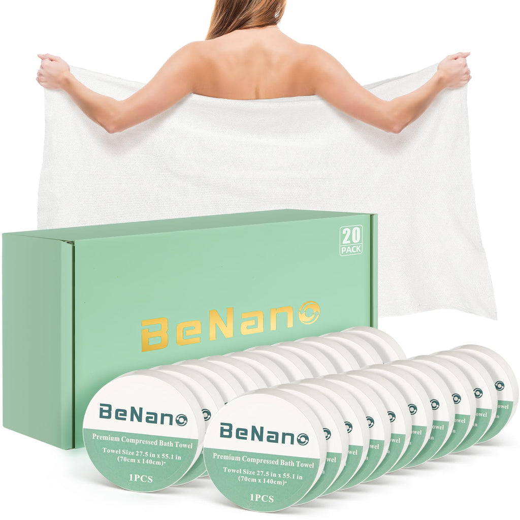 Benano 55.1x27.5 in Compressed Bath Towel Tablets | Travel Towel, 5 Pack | Water-activated, large reusable compact bath towels. Perfect for camping, hotel, hiking, sports, beach, swimming, vacation.