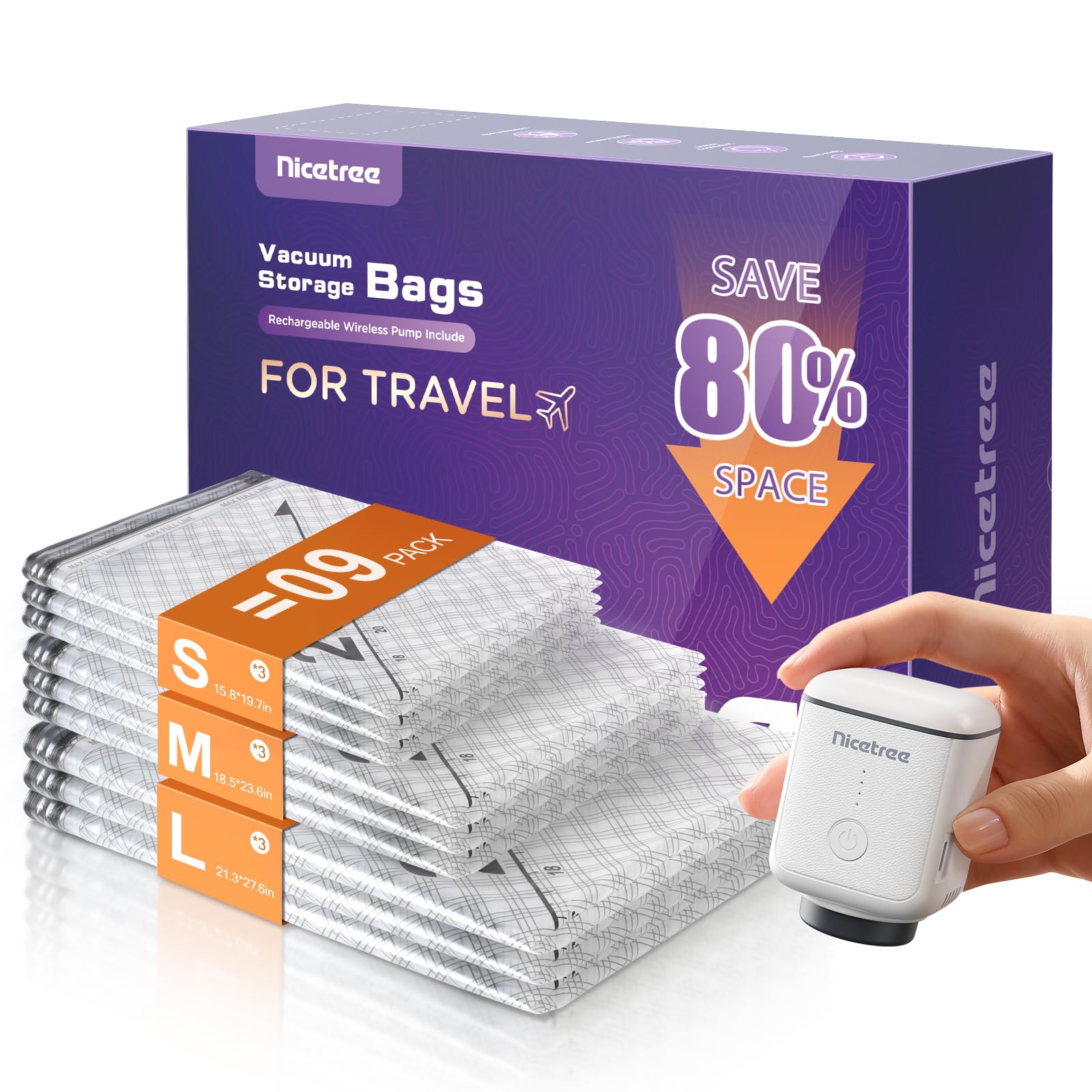 18-Pack Vacuum Bags for Travel with Rechargeable Pump, 3 Sizes | Compression Packing Bags for Carry-On Luggage and Suitcases. Space Saver Vacuum Seal Bags for Clothing and Home Storage