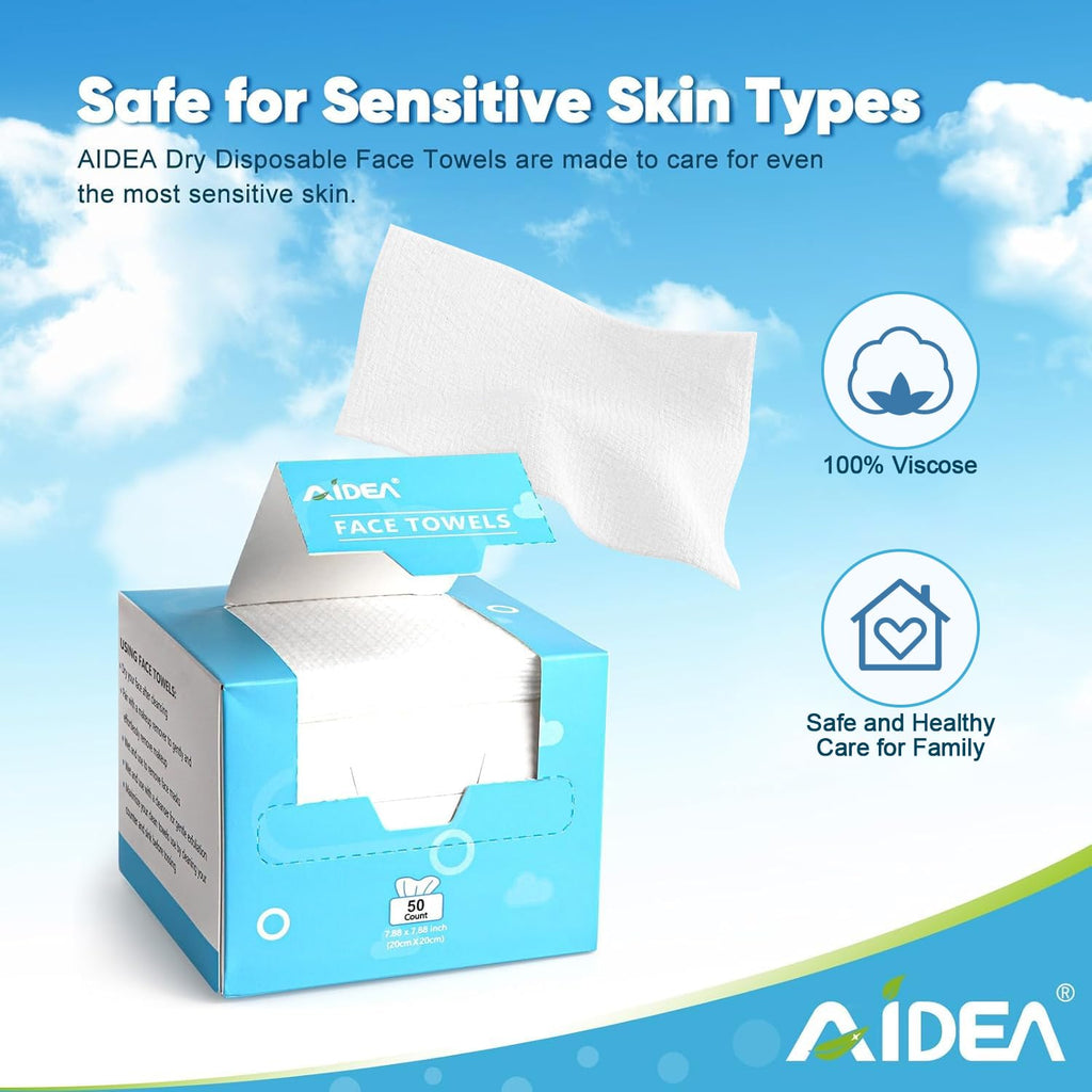 AIDEA Face Towels Disposable-200Ct (4 Box), Face Cloths for Sensitive Skin | Clean Facial Towels, Facial Cleansing Wipes, Face Towelettes for Makeup Removing, Nursing, Travel, Dry Wipes