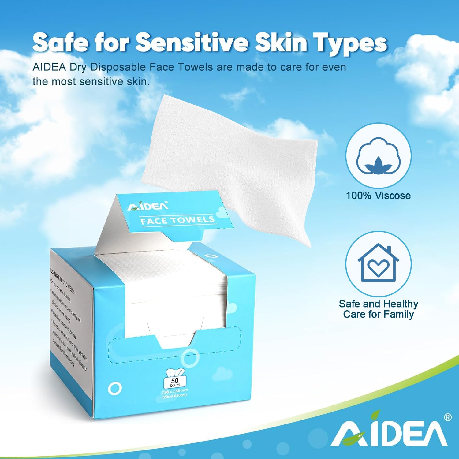 AIDEA Face Towels Disposable-100Ct (2 Box), Face Cloths for Sensitive Skin | Clean Facial Towelettes, Facial Cleansing Wipes for Makeup Removing, Nursing, Travel, Dry Wipes