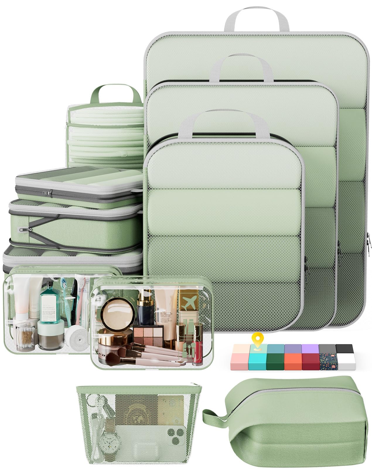 Veken 9/11 Set Compression Packing Cubes Garment Bags for Travel Essentials,Compressible Expandable Luggage Organizer Bags for Clothing,Space Saver Bags with Over 1000 pcs of Mesh Holes(Beige)