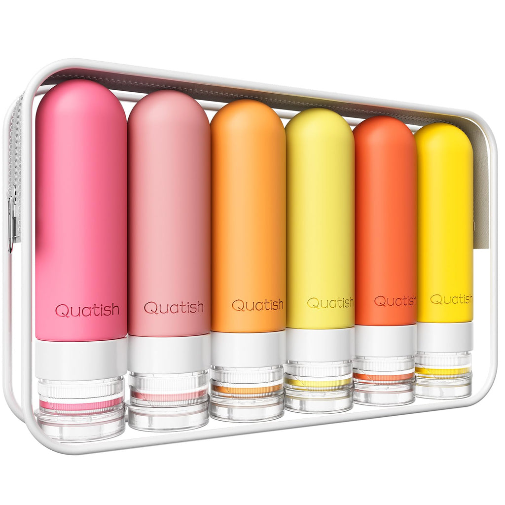 Quatish Travel Bottles for Toiletries 6 Pack, Original Patented Leakproof 3 oz Tsa Approved Travel Size Containers, BPA Free Silicone Shampoo and Conditioner Bottles, Camping Essentials