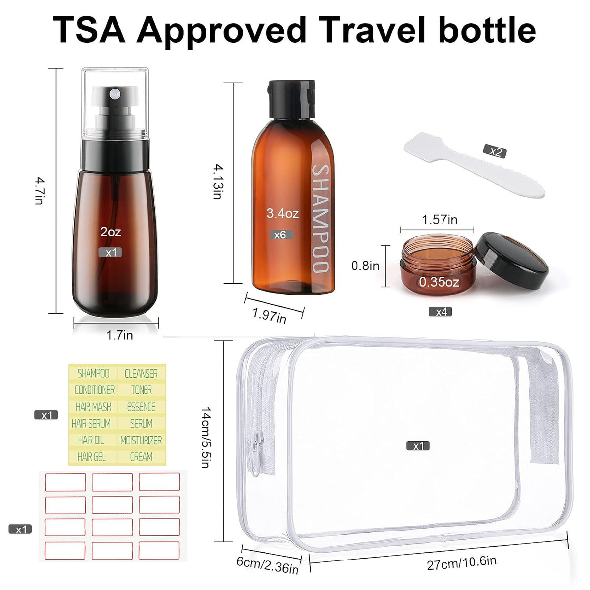 Travel Kit 10 PCS Travel Bottles for Toiletries TSA Approved Bottle | Leak Proof, Brown Pre-printed, Plastic 0.35oz Cream Jar, 2oz Spray Bottle for Hair Care, Shampoo, Conditioner, a Toiletry Bag