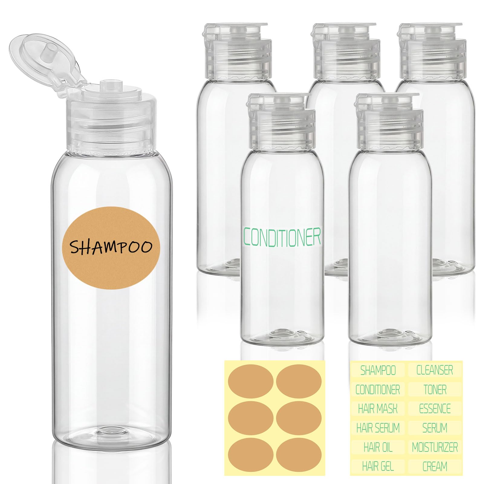 Travel Bottles for Toiletries 6 Pack 2.2oz Leak Proof Containers | Wide Mouth, TSA Approved, Refillable Squeeze Bottles with Flip Cap, for Shampoo Conditioner Body Wash Lotion(Clear)