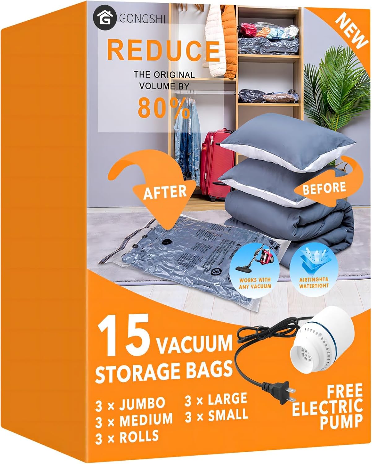 GONGSHI Vacuum Seal Bags for Clothing Travel & Home Storage, Travel Vacuum Bags with Electric Pump,Space Saver for Blankets, Comforters, Pillows, Clothes,32 Combo