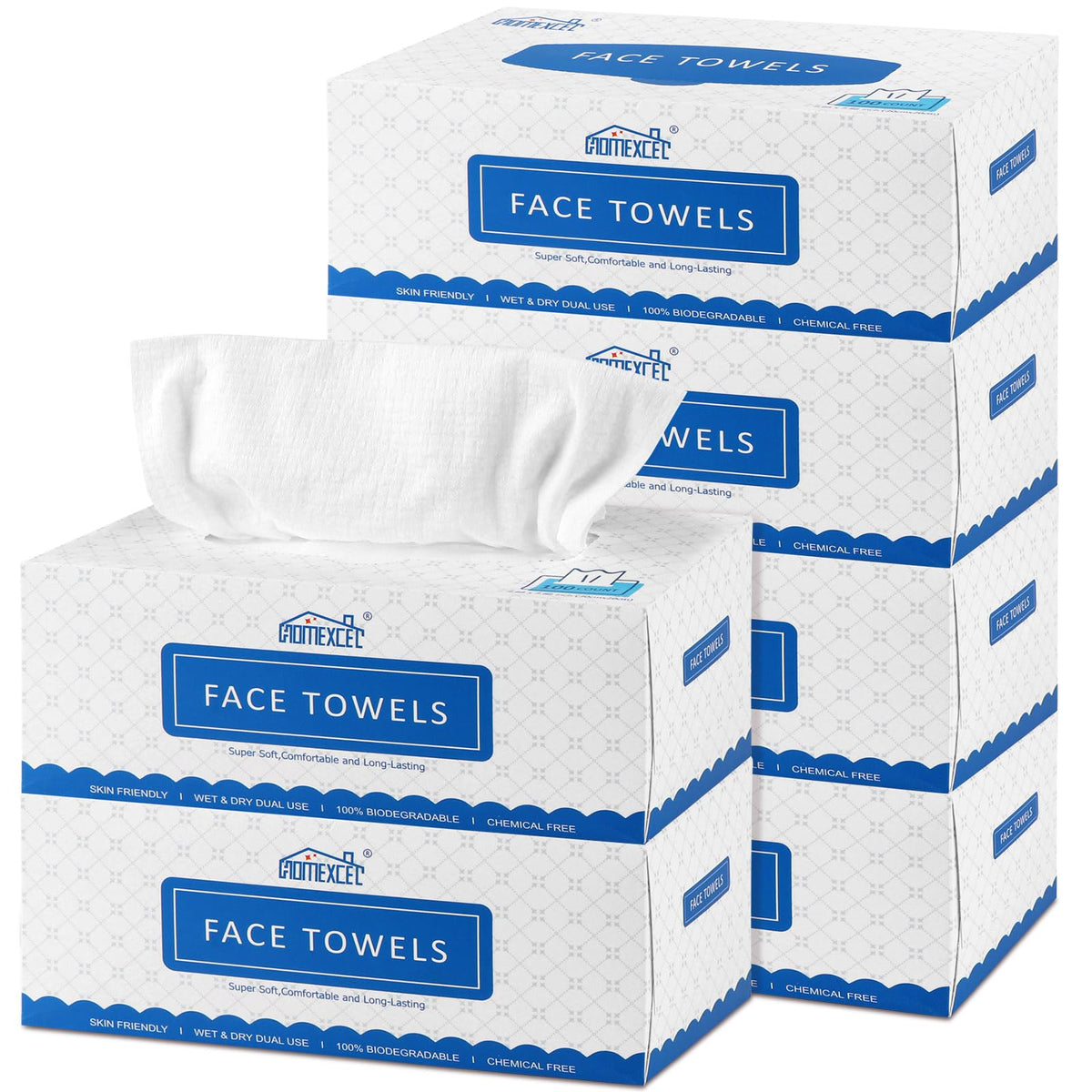 HOMEXCEL Face Towels, Disposable Face Towelette Ultra Soft & Absorbent | Biodegradable Makeup Remover Dry Wipes, Facial Wash Cloth for All Skin, Lint-Free for Skincare & Cleansing, 100 Count (2 Box)