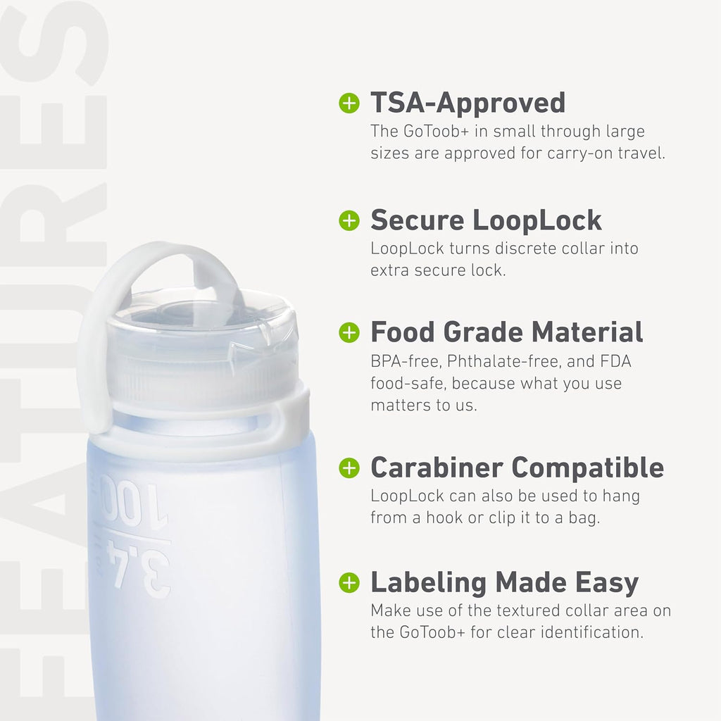 humangear GoToob+ (Large) | Refillable Silicone Travel Bottle | Locking Lid | Food-Safe Material | Teal, Large (3.4 fl.oz.; 100ml) | Refillable & Leak-Proof Silicone Travel Size Bottles with Locking Cap for Toiletries, Camping & TSA Carry-On