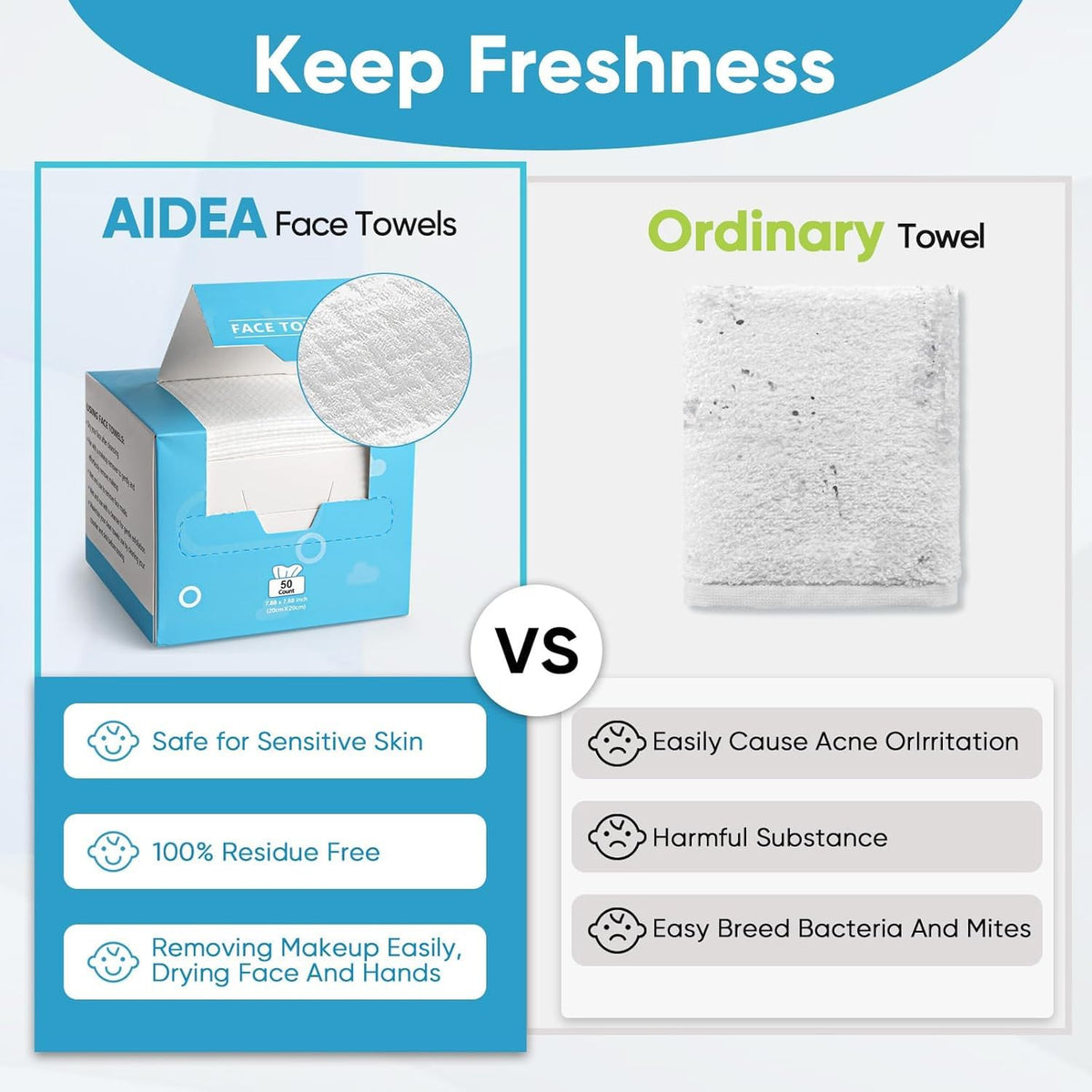 AIDEA Face Towels Disposable-200Ct (4 Box), Face Cloths for Sensitive Skin | Clean Facial Towels, Facial Cleansing Wipes, Face Towelettes for Makeup Removing, Nursing, Travel, Dry Wipes