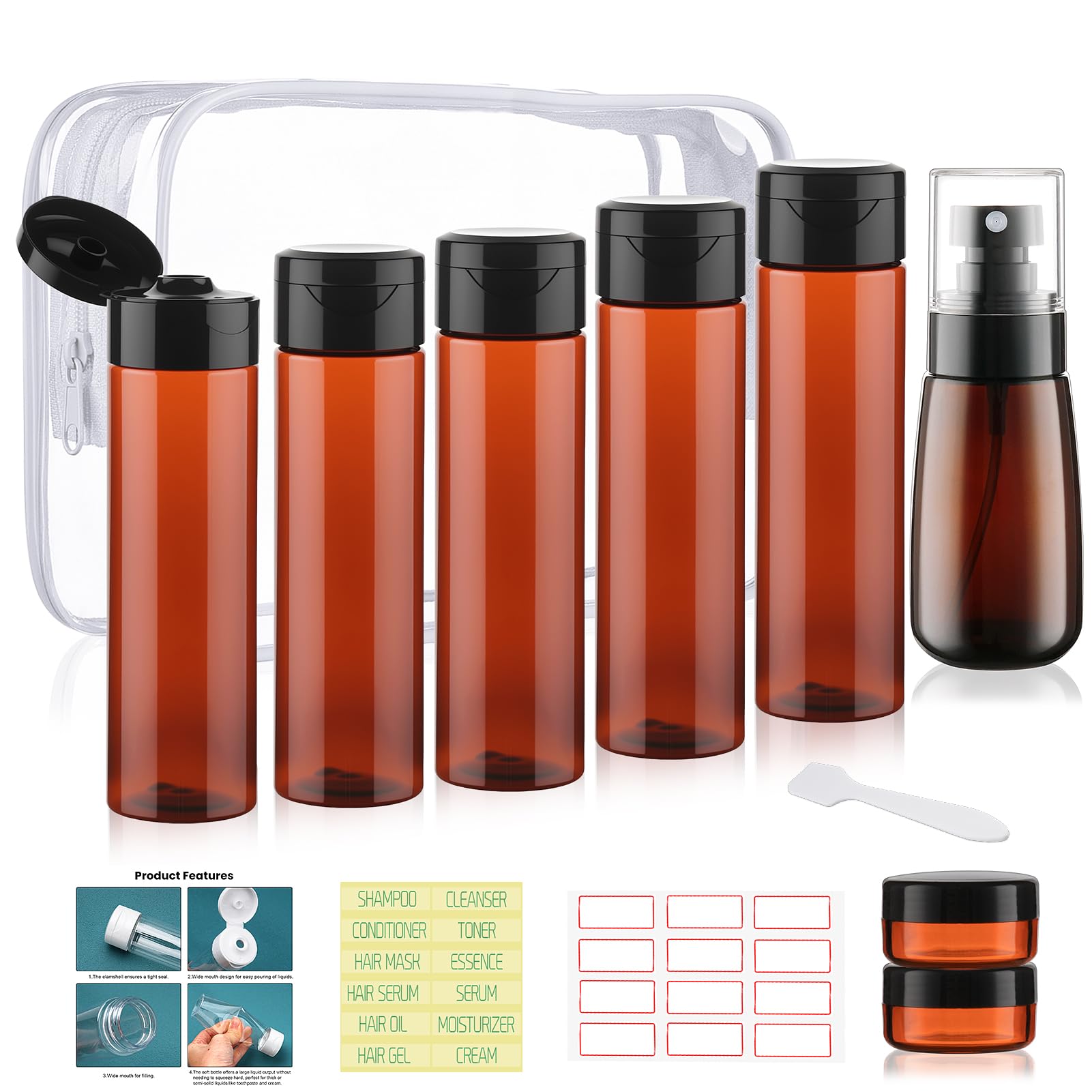Travel Bottles for Toiletries 9 PCS 3.4oz Wide Mouth Clear Bottles | Wide Mouth, TSA Approved, Leak Proof, 0.35oz Cream Jars, 2oz Spray Bottle, for Shampoo, with lable, and a Toiletry Bag
