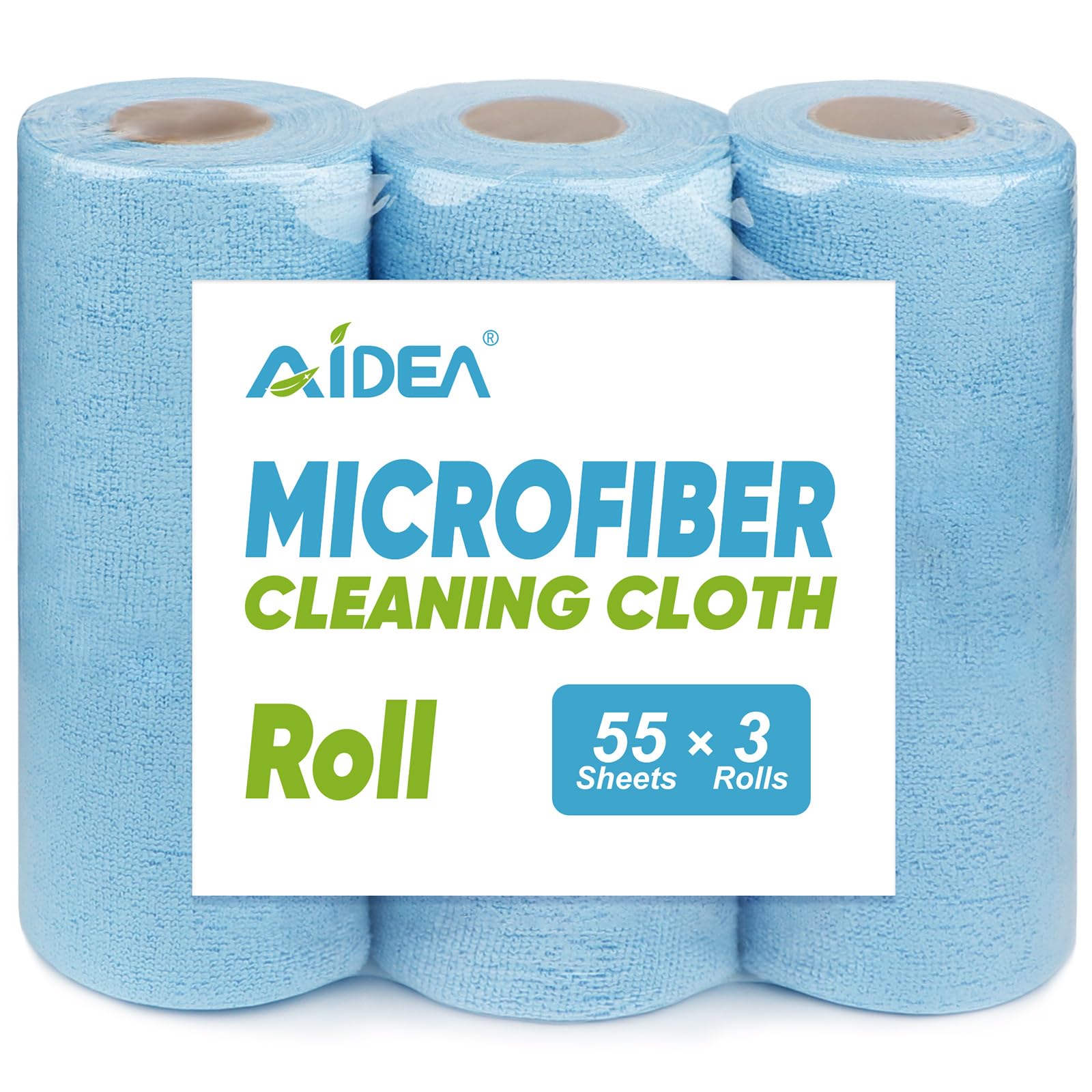 AIDEA Microfiber Cleaning Cloth Roll, Blue Shop Towels 55 Sheets 11×9" | Reusable Paper Towels, Microfiber Towels for Cars, Microfiber Rags for Automotive,Workshop, House, Kitchen, Cleaning Supplies