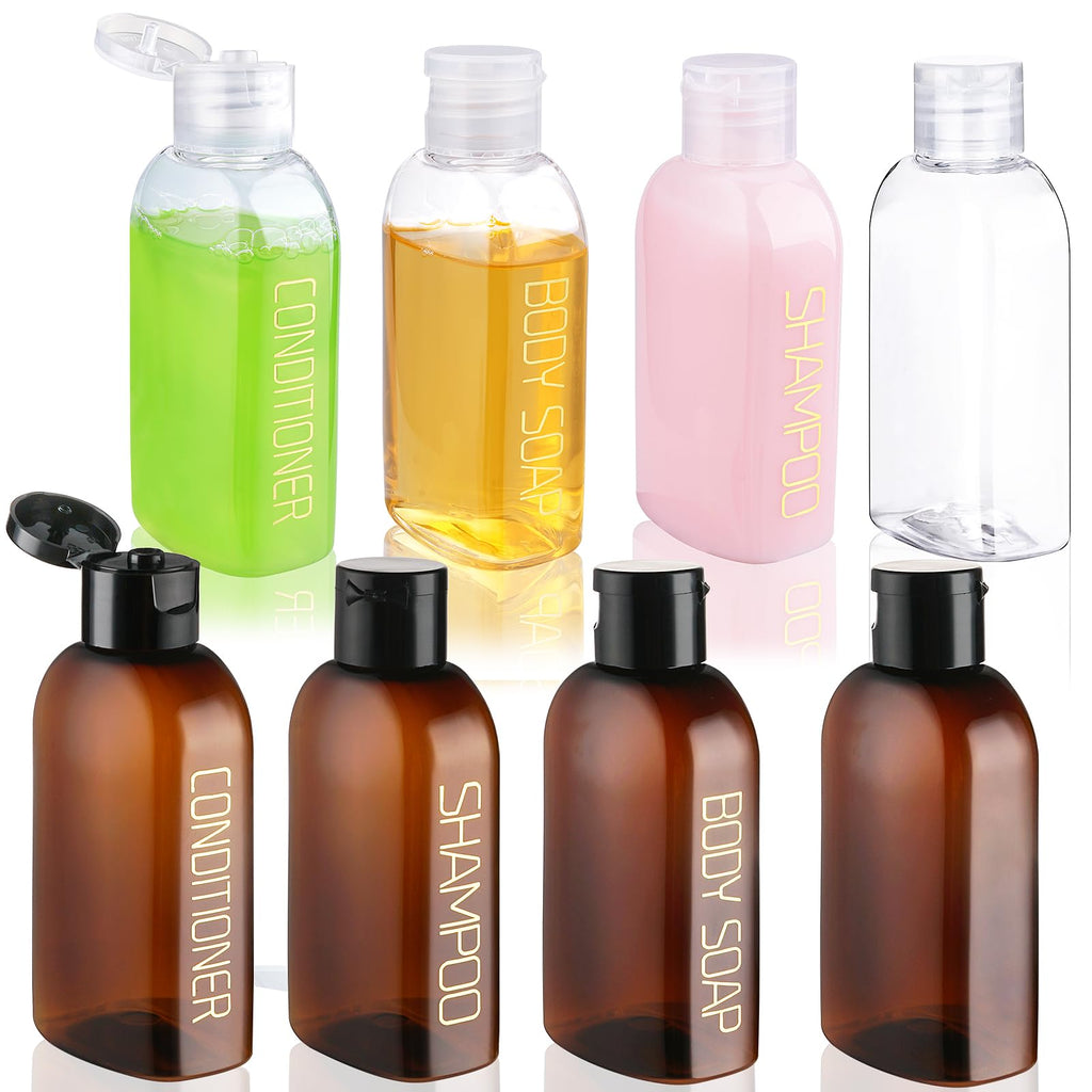 Cosywell 4 Pack 3.4 oz Preprinted Travel Bottles for Toiletries | Brown Bottles are Preprinted with SHAMPOO, CONDITIONER and BODY SOAP, One is Blank, Includes Flip Caps and a Toiletry Bag