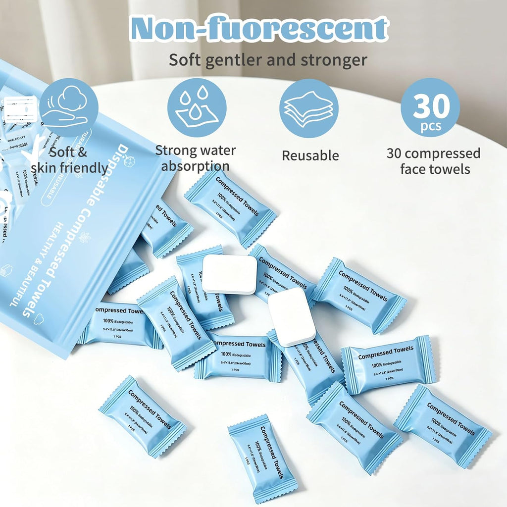 Compressed Towels, Large Size Disposable Face Compressed Towel, 30 PCS Ultra Soft Portable Washcloths Tablets Reusable for Travel, Camping, Hiking, Sport, Beauty, Home Hand Cloths, Outdoor