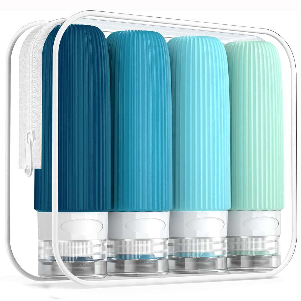 Mrsdry Travel Bottles for Toiletries, Tsa Approved 3oz Portable Travel Bottles, BPA Free Leak Proof Squeezable Silicone Travel Size Containers, Travel Accessories with Clear Toiletry Bag (4 Pack)