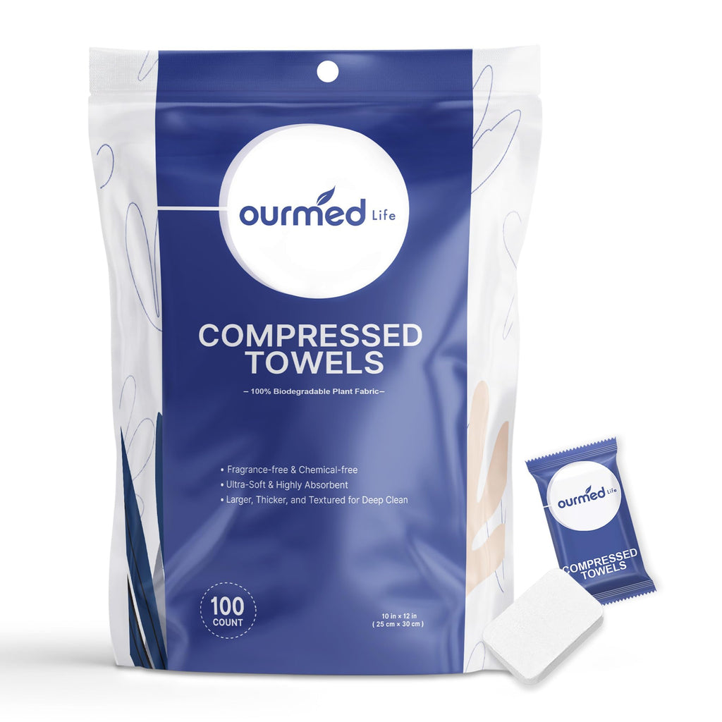 Ourmed Life Compressed Towel, Disposable Washcloths, 12 x 10 Inch, 56 Count | Travel Essential, Individually Wrapped, Biodegradable, Expand with Water, Lint-Free, Dry & Wet Use,Camping and Hiking