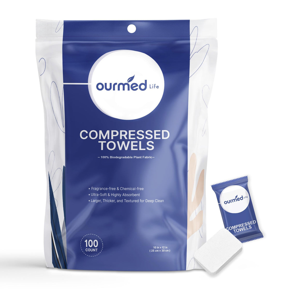 Ourmed Life Compressed Towel, Disposable Washcloths, 12 x 10 Inch, 56 Count | Travel Essential, Individually Wrapped, Biodegradable, Expand with Water, Lint-Free, Dry & Wet Use,Camping and Hiking