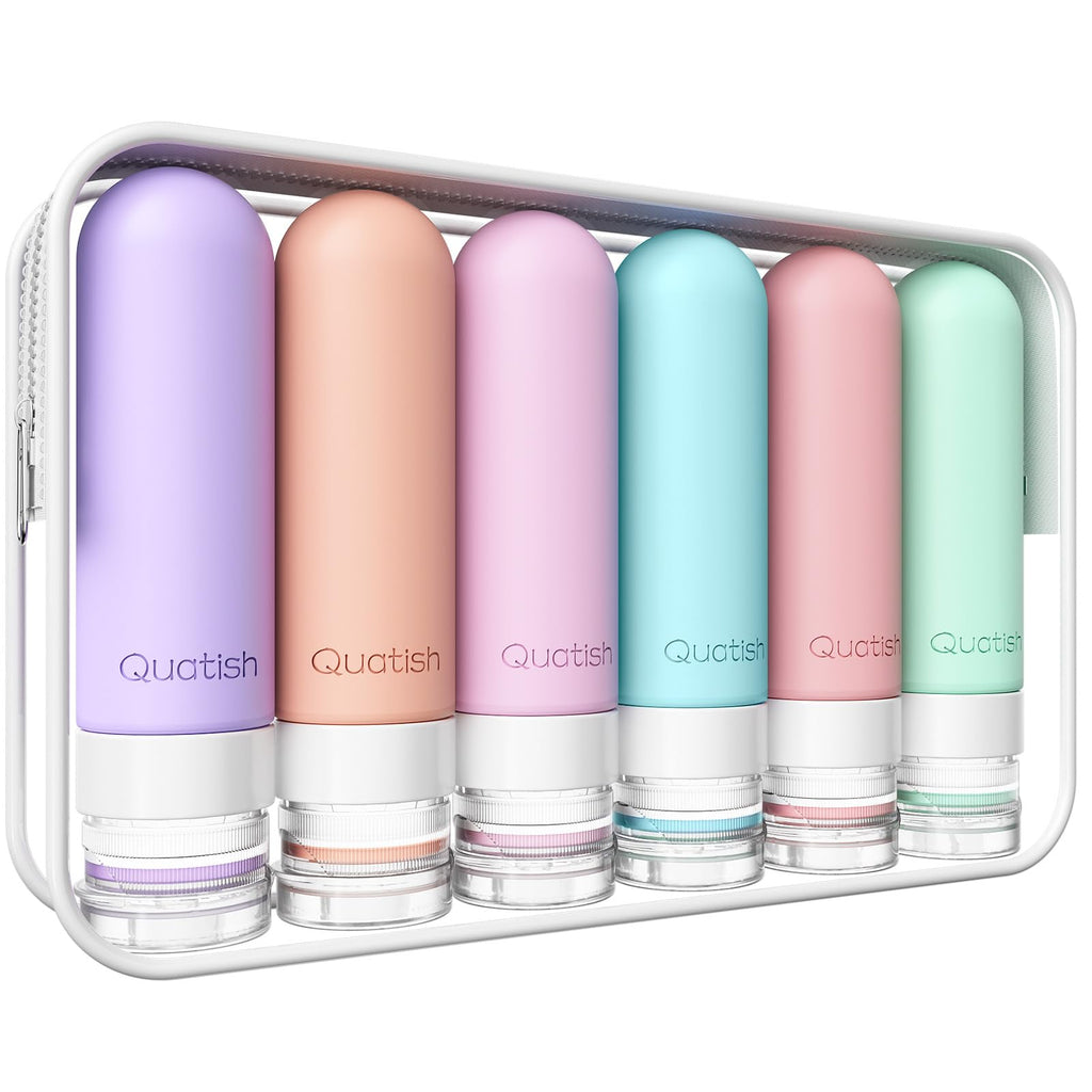 Quatish Travel Bottles for Toiletries 6 Pack, Original Patented Leakproof 3 oz Tsa Approved Travel Size Containers, BPA Free Silicone Shampoo and Conditioner Bottles, Camping Essentials