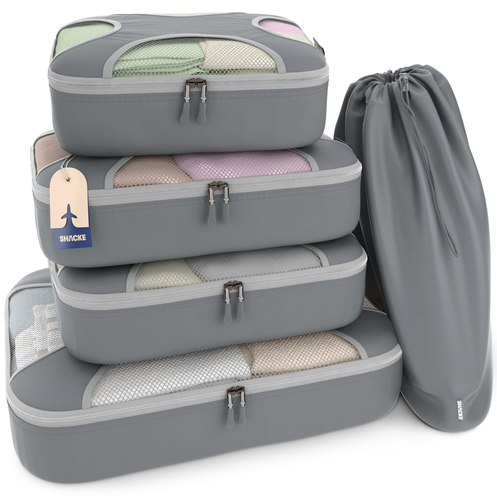 Shacke 5 Set Packing Cubes for Travel with Laundry Bag (Pure Black) | Suitcase Organizer Bags Set: 4 Water-Resistant Luggage Cubes, XL to Small, + Laundry Bag for Carry-On or Checked