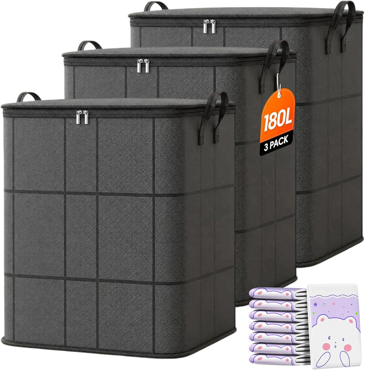 XXL Foldable Storage Bag with Reinforced Handles, Extra Large Portable Moving Storage Bags, Spacious Moving Storage Bin, Clothes Storage Containers for Bedroom, Closet, Clothing, Comforter，XXL: 180L：3
