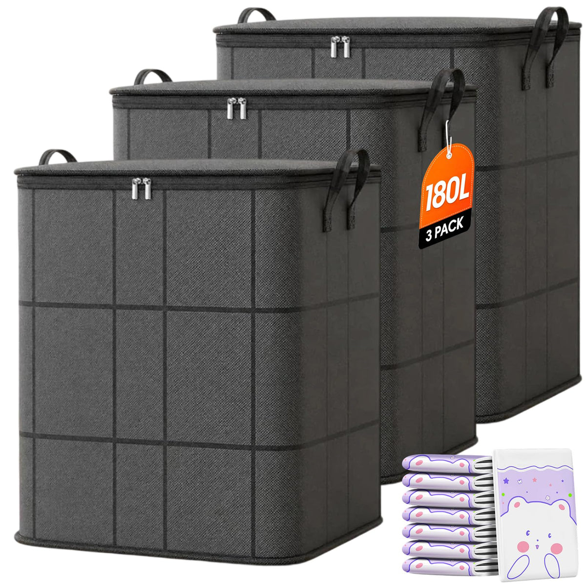 XXL Foldable Storage Bag with Reinforced Handles, Extra Large Portable Moving Storage Bags, Spacious Moving Storage Bin, Clothes Storage Containers for Bedroom, Closet, Clothing, Comforter，XXL: 180L：3