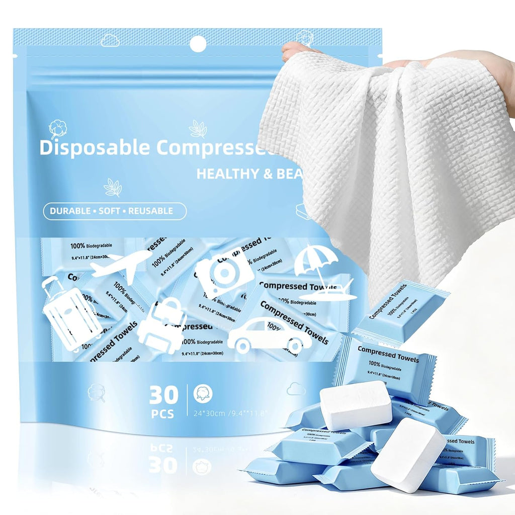 Compressed Towels, Large Size Disposable Face Compressed Towel, 30 PCS Ultra Soft Portable Washcloths Tablets Reusable for Travel, Camping, Hiking, Sport, Beauty, Home Hand Cloths, Outdoor