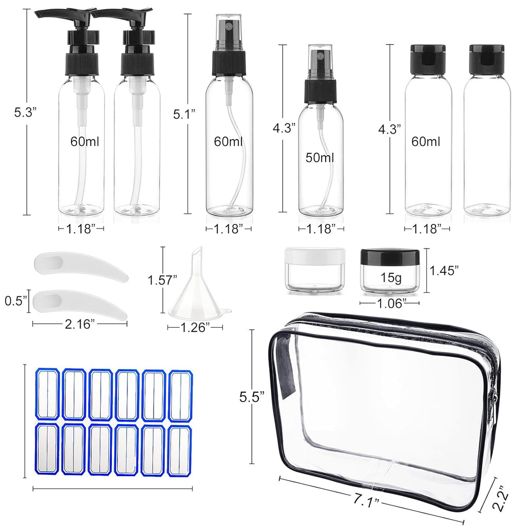 Cosywell 13-Piece 2 oz TSA Approved Travel Bottles for Toiletries Kit | Refillable set Includes Pump, Spray and Flip-cap Bottles, Cream Jars, Spatulas, Funnel and Clear Bag for Shampoo and Lotion