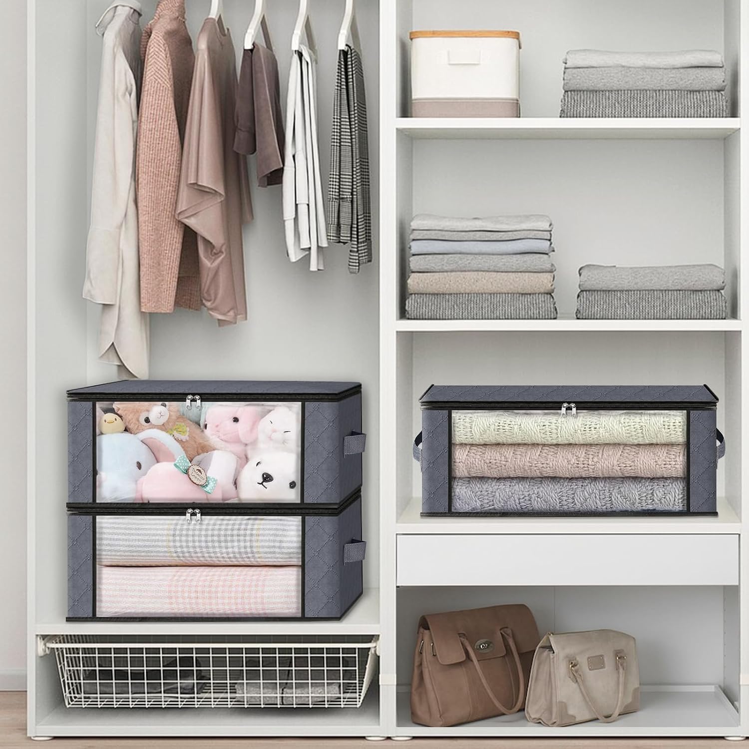 HomeHacks 3-Pack Clothes Organizer Storage Bags, 35L Storage Bins, Gray | Foldable Storage Box Container with Zippers, Clear Window, Reinforced Handles for Closet, Dorm, Pillows, Bedding, Sweater