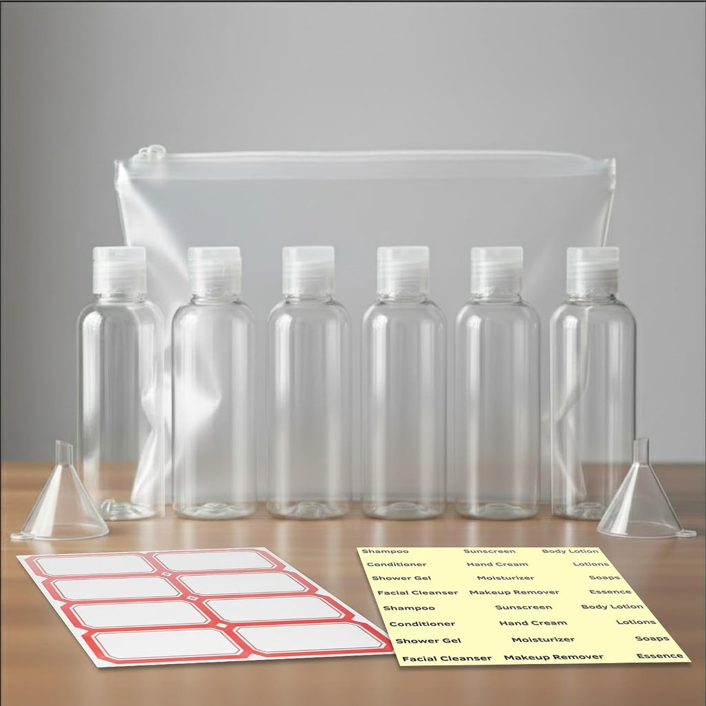 6 Pack Travel Bottles - Travel Containers for Toiletries - TSA Approved Size - Refillable Empty Plastic Bottles with 2 Labels, Funnels & Carry Bag - For Shampoo, Lotion, Conditioner, Sanitizer - 3.4oz