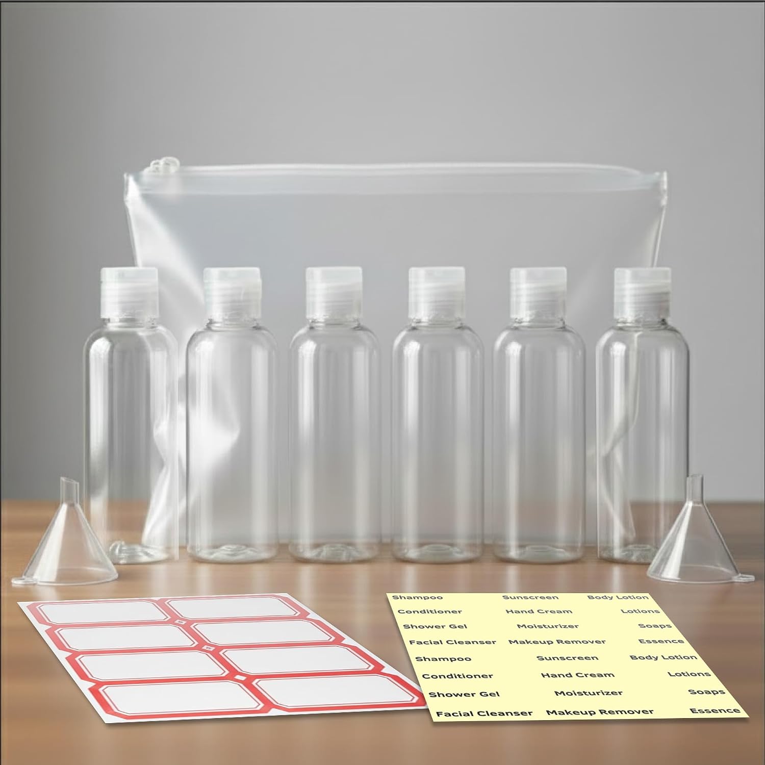 6 Pack Travel Bottles - Travel Containers for Toiletries - TSA Approved Size - Refillable Empty Plastic Bottles with 2 Labels, Funnels & Carry Bag - For Shampoo, Lotion, Conditioner, Sanitizer - 3.4oz