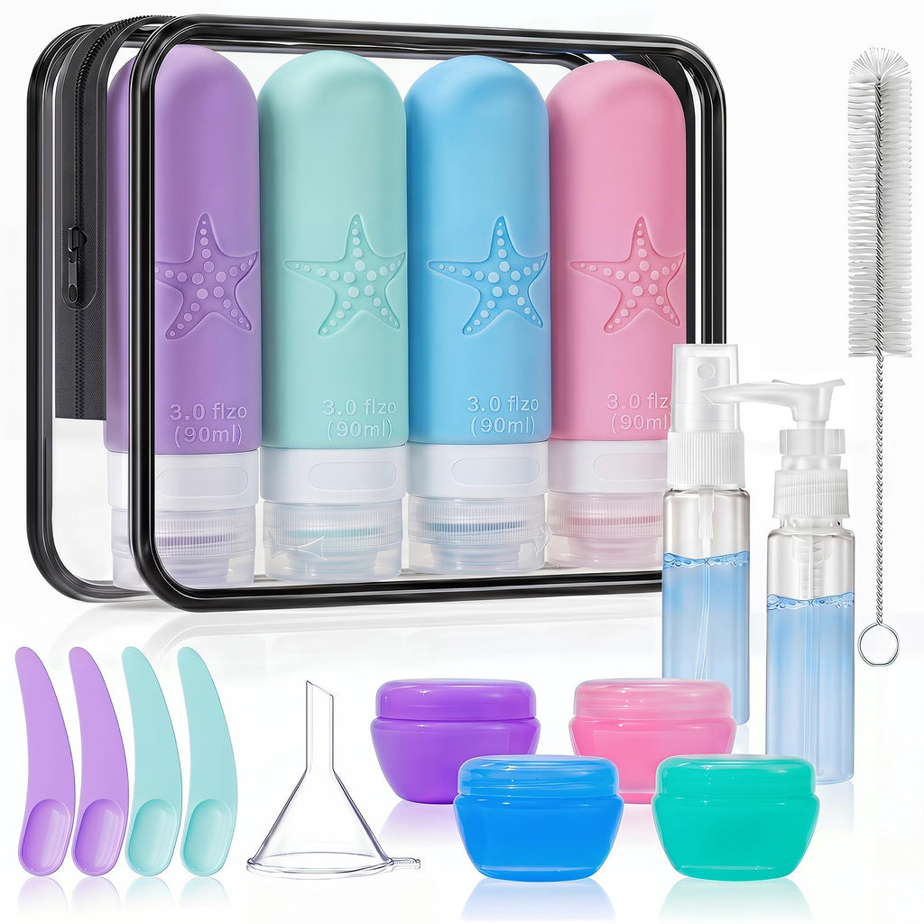 18 Pack Travel Bottles for Toiletries - TSA Approved, Triple Leak Proof Silicone Set, 3oz Refillable Travel Essentials Kit for Shampoo, Conditioner, Lotion & More, Gray, BPA Free