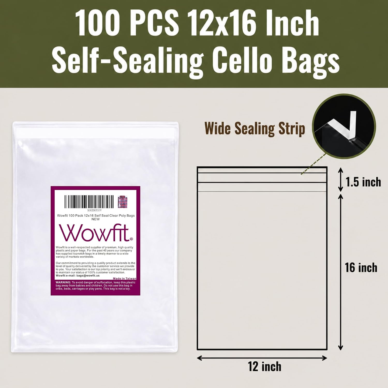 Wowfit 100 CT 12x16 Self Sealing Plastic Bags for Clothes, Shirts, Sweaters | Clear, Crease-Free, Thick, Food Safe, Clothing, Larger T-Shirts, Sweatshirts, Resale Items, Crafts, Artwork, Art Prints