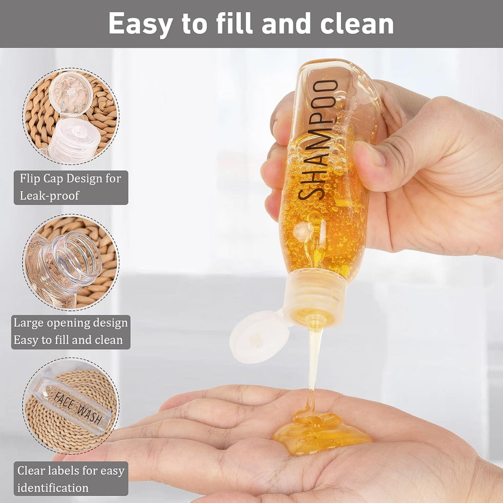 3.4 oz Clear PET Travel Bottles for Toiletries 6-Pack | Reusable, Thick, Tight-Sealing Flip Caps, Print on Label, Permanent Identification Stays, 2 Label Sheets, for Toiletries