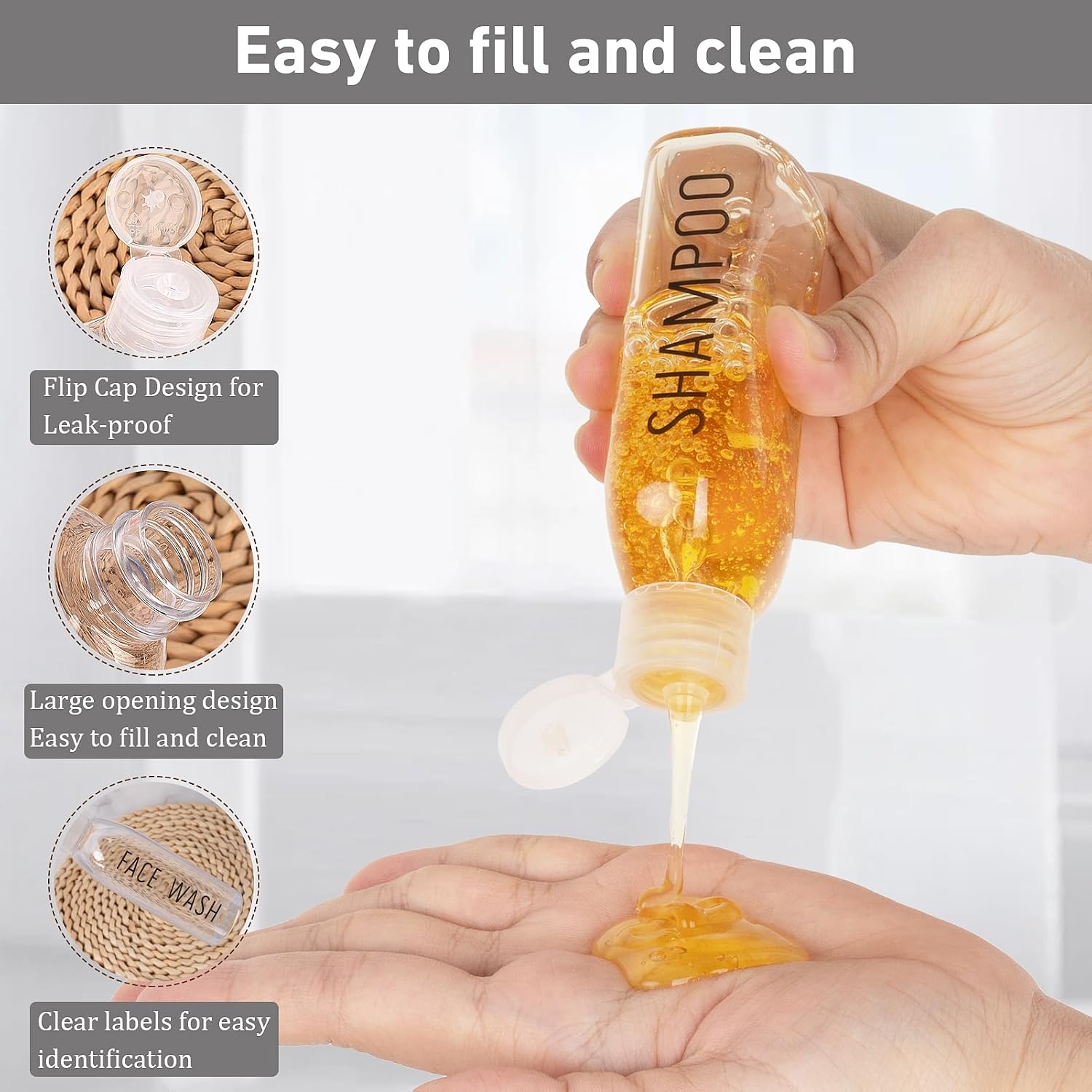 3.4 oz Clear PET Travel Bottles for Toiletries 6-Pack | Reusable, Thick, Tight-Sealing Flip Caps, Print on Label, Permanent Identification Stays, 2 Label Sheets, for Toiletries