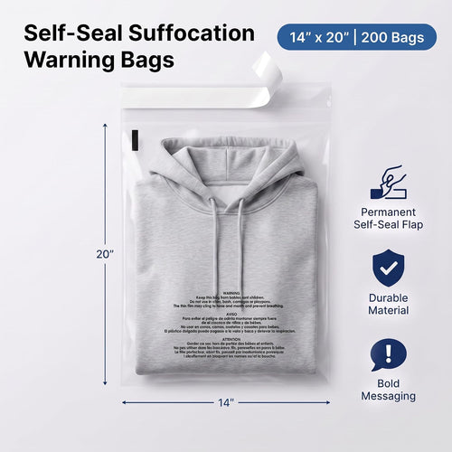 14” X 20” (200 Count) Self Seal Clear Poly Bags with Suffocation Warning | for Packaging, Clothes - Permanent Adhesive - Spartan Industrial