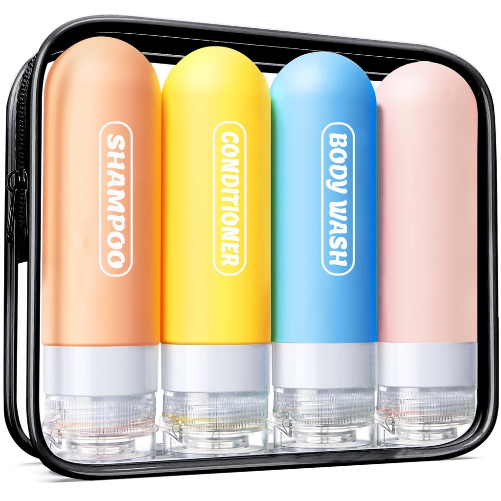 Pre-printed Silicone Travel Bottles for Toiletries 3oz | TSA Approved, Leak Proof, Squeezable Containers For Shampoo Conditioner, Travel Essentials, with Clear Bag, 4 Pack